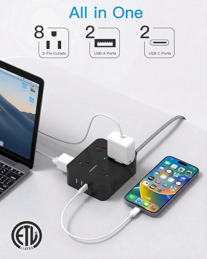 HANYCONY Extension Cord 20 Ft, Power Strip Surge Protector with 8 Outlets 4 USB Ports(2 USB C), Long Cord, Flat Plug, Wall Mount, Desk USB Charging Station for Home Office Essentials
