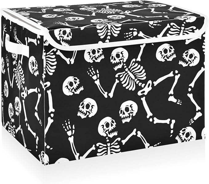 CaTaKu Skull Black Storage Bins with Lids,Halloween Fabric Large Storage Container Cube Basket with Handle Decorative Storage Boxes for Organizing Clothes Shelves