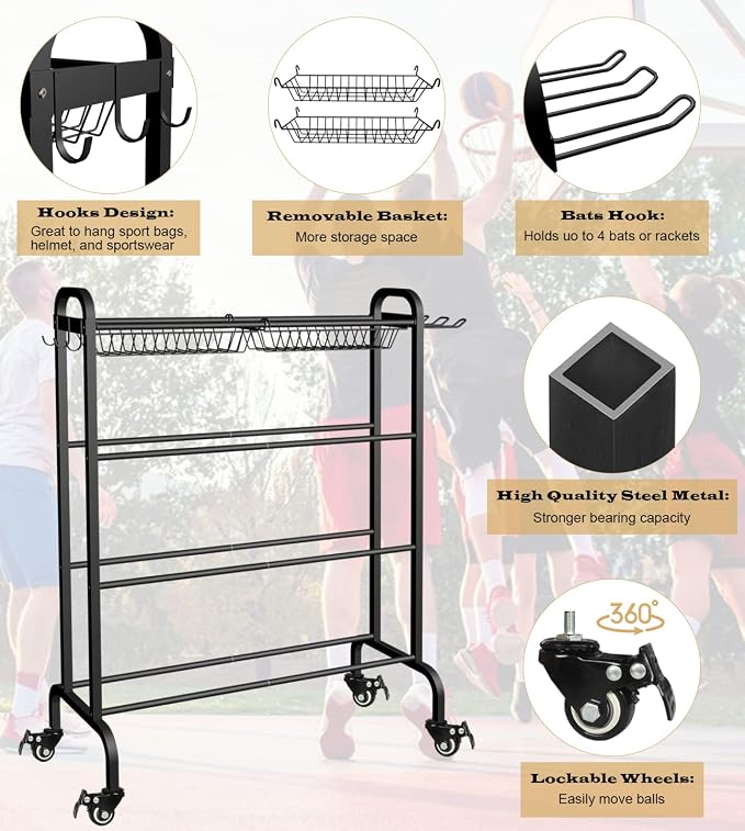 Basketball Racks Holder for Balls with Wheels, Rolling Metal Sports Equipment Storage Stand Organizer with Baskets and Hooks for Basketballs Footballs Volleyball, Black