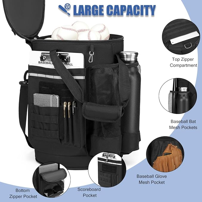 Baseball Bucket Bag 6 Gallon Multi Pockets Softball Coaching Equipment Bag | tactical Baseball Bucket Cover Organizer with padded Seat for Balls, Bat, Gloves, Scoreboards