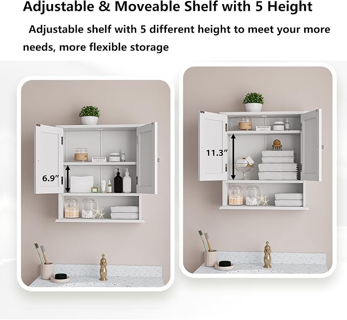 Bathroom Wall Cabinet, Bathroom Cabinet Wall Mount with 2 Doors and Open Shelf, Over The Toilet Wall Storage Cabinet, Bathroom Medicine Cabinet