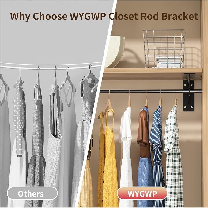 Heavy Duty Closet Rod Bracket Support 400 lbs 4 Pack | 10 x 5.6 in Balck Carbon Steel Wall Mounted L-shape Shelf Brackets with Rod Holders for Bathroom and Kitchen