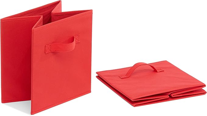 Amazon Basics Collapsible Fabric Storage Bins with Handles, Cube Organizer, Home Organization, 10.5"x10.5"x11", Red, 6-Pack