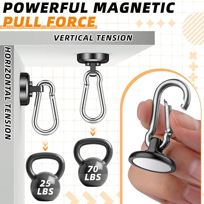 FINDMAG Magnetic Hooks with Swivel Carabiner, Neodymium Magnet Hooks for Hanging, Magnet with Hook for Kitchen, Office, Home, School - Black, 20 Pack
