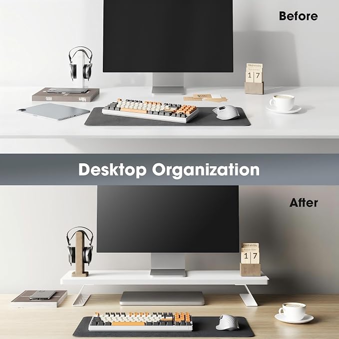 Fenge Monitor Stand Riser, Desk Top Shelf for 2 Monitors, Computer Stands for Desk, Wood & Steel Desktop Riser for Laptop, PC, Printer