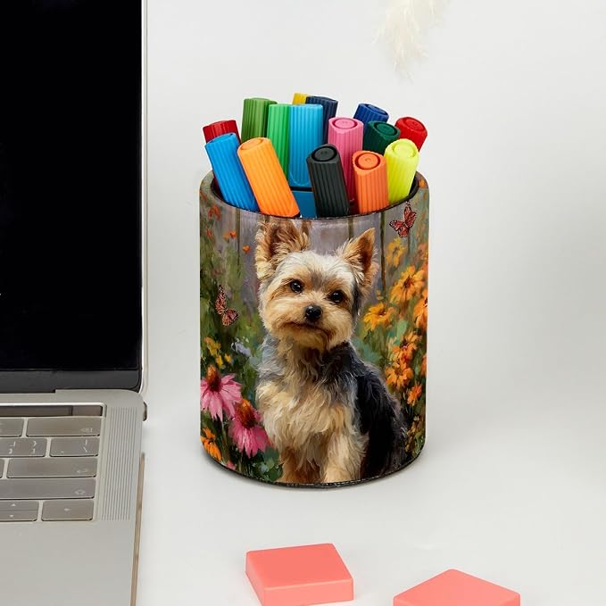 Watercolor Dog Pen Holder Pencil Organizer for Desk, 3.1” x 3.1” x 3.9” Pencil Cup Office Supplies, Large Capacity Cute Pen and Makeup Brush Holder for Desktop, Home, School