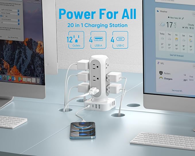 TenTrend Power Strip Tower, 4.8A Fast Charging Tower, 5 FT Extension Cord | 12 AC Outlets & 8 USB Ports (4USB-C), Flat Plug Charging Station for Home, Office, Dorm Room