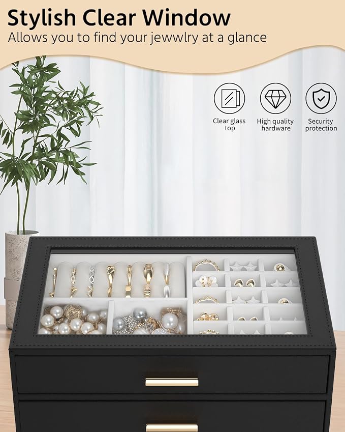 AKOZLIN Jewelry Box with Clear Lid Functional Leather Jewelry Storage Organizer Case 2 Drawers for Women Girls Necklace Ring Bracelet Earring