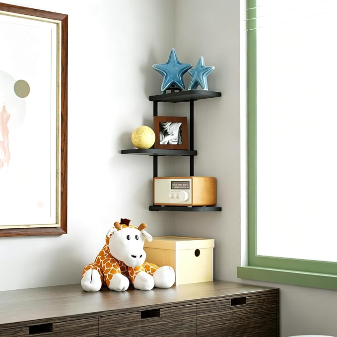 Love-KANKEI Corner Wall Shelf 3 Tier,Solid Wood with Bracket,17" Tall,Black | Floating Wall Shelves,Easy to Install,Capacity 26 Lbs,For Bedroom Living Room Bathroom Kitchen Office Display,Wall Decor