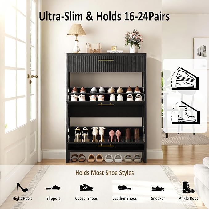 Fluted Shoe Storage Cabinet for Entryway, Narrow Wooden Shoe Cabinet with 2 Flip Drawers & Pull-Out Drawer, Modern Freestanding Slim Shoe Organizer Rack for Foyer/Hallway/Living Room, Black