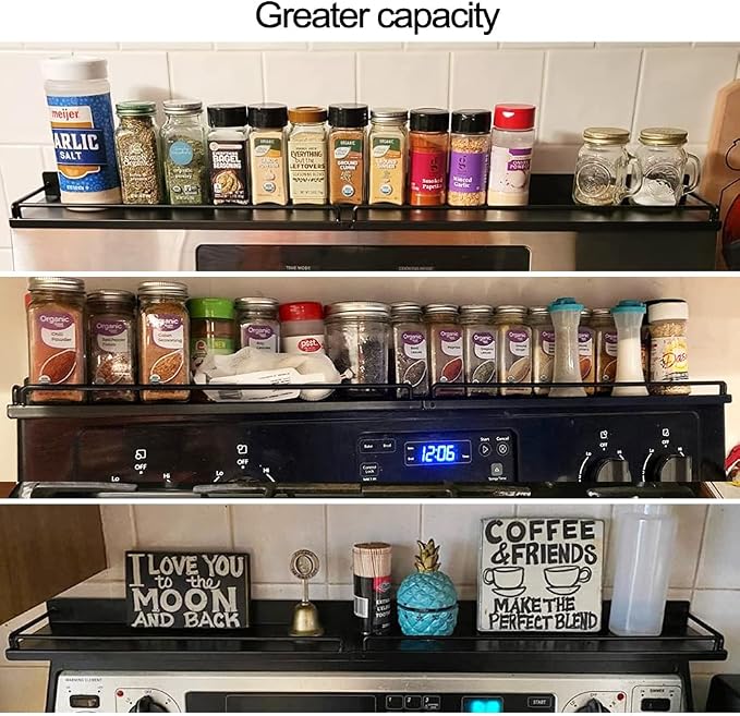 30''Stove Top Shelf for Kitchen Stove, Stainless Steel Magnetic Spice Over the Stove Rack Flat Organizer Black