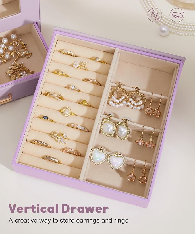 Homde Display Jewelry Box for Girls: Starter Organizer with Clear Window | Vertical Drawers for Earrings Rings Necklaces - Compact Footprint Fits Small Vanities - Birthday&Graduation Gift for Teens