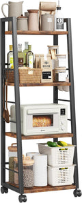 Homeiju 4 Tier Kitchen Storage Cart with Lockable Wheels & 6 Hooks, Mobile Utility Organizer Rolling Cart for Small Spaces, Bar Cart for Kitchen and Living Room, Rustic Brown