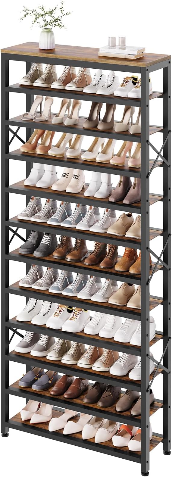 YATINEY 12-Tier Tall Shoe Rack Organizer, Wooden Shoe Storage for Closet Holds 48 Pairs, Sturdy Shoe Shelf with X-Shaped Metal Support, for Entryway, Bedroom, Rustic Brown and Black SS212BR