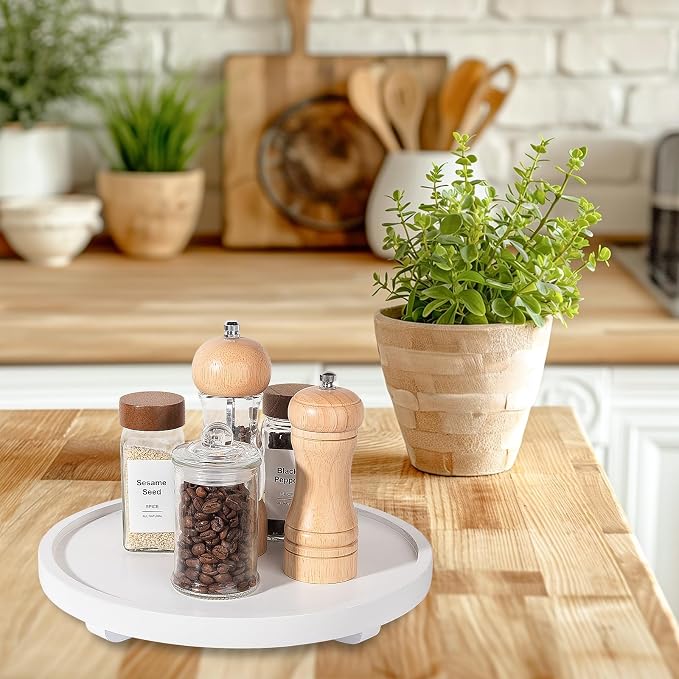 Round Decorative Tray Farmhouse Kitchen Decor Soap Dish, 11" White | Waterproof, Lightweight, Easy Clean, Wood Riser Pedestal Stand Accessories for Office Desk, Vanity, Counter, Sink