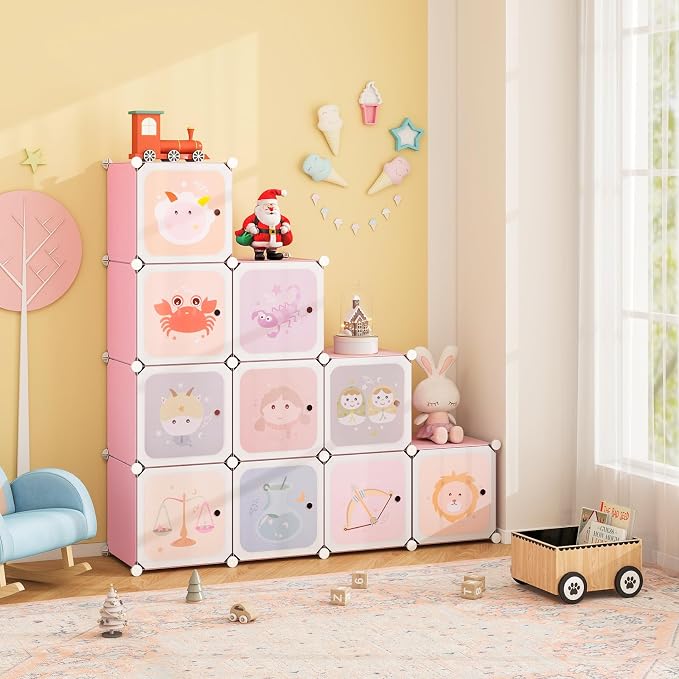 Costzon Kids Closet, Cartoon DIY Modular Dresser Storage Organizer with 12 Cubes & 2 Clothes Hanging Rack, Portable Armoire for Baby Toddlers, Kids Wardrobe for Bedroom Nursery