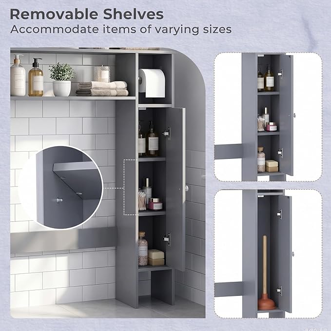 Tangkula Over the Toilet Storage Cabinet, Bathroom Organizer with Toilet Paper Holder, Adjustable Shelves, Freestanding Behind Toilet Stand, Perfect for Bathroom, Laundry (Gray)