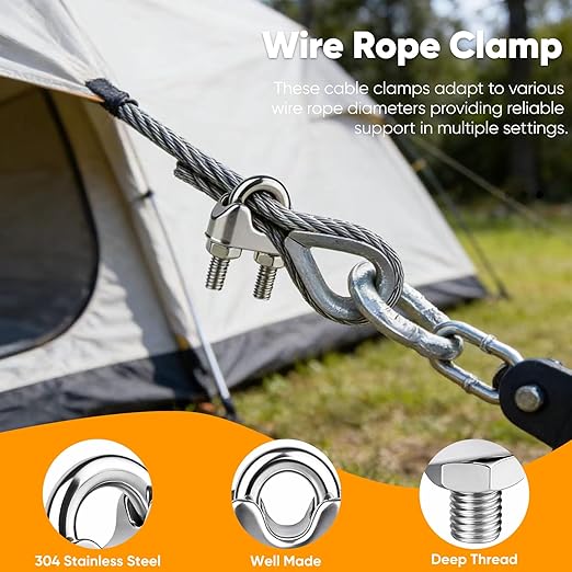 12 Pcs 1/4 inch 304 Stainless Steel Wire Rope Cable Clamp,M6 Wire Rope Clips U Bolt Saddle Fastener for Tent Ropes and Rigging Rope