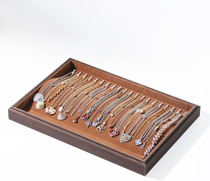 Wood Jewelry Organizer Tray, Necklace Display (Brown, 2Pc, 20-Hook) | Stackable Jewelry Display, Necklace Holder, Tangle-Free Necklace Stand, Pendant Organizer