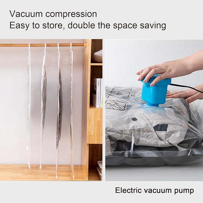 Large Garment Covers, Pack of 5, Vacuum Storage Bag with Electric Pump, Clear Compression Airtight Sealer Bags with Hanging Buckle, Hanging Clothes Storage(120cm/47in)