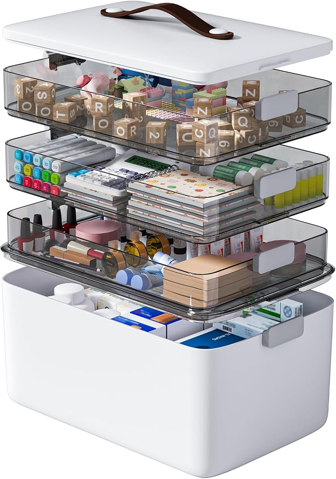 MOPUP 4-Tier Medicine Craft,Sewing,Art,Organizer Storage,Portable Latch Bin with Lid and Leather Handle,Pill Bottle, First Aid,Multipurpose Organizer with Removable Tray,A Household Essential
