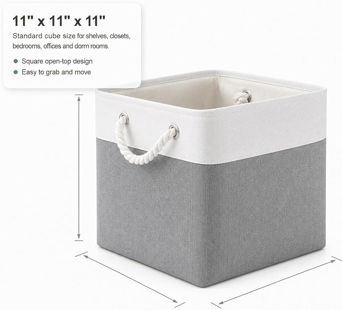 11x11 Inch Cube Storage Bins, 6 Pack Collapsible Fabric Storage Cubes with Rope Handles, Waterproof Foldable Storage Baskets for Cube Shelves, Closet, Clothes, Toys, Books, White & Gray