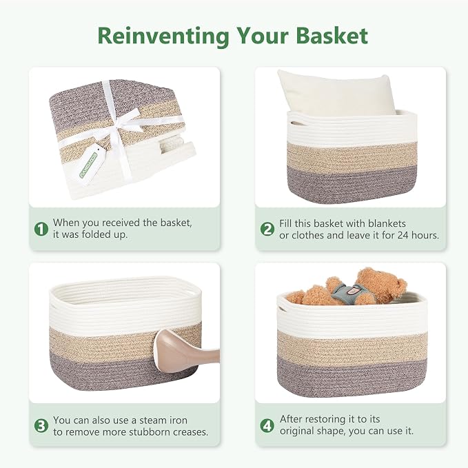 ECDYQXVU 15x10x9 Woven Cotton Rope Storage Basket, Leather Handles 1 Pack | Foldable Design, Sturdy PU Handles, Easy to Clean Organizer for Living Room, Closet, Shelves, Bedroom, Laundry, Clothes