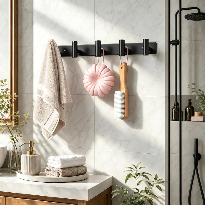 Wall Mounted Coat Rack-5 Hooks, Heavy Duty Stainless Steel Hook Rail for Towel Coat Hat Purse Bag Jacket, Towel Hooks for Entryway Bathroom Kitchen (Black 5 Hooks - 1 Pack)