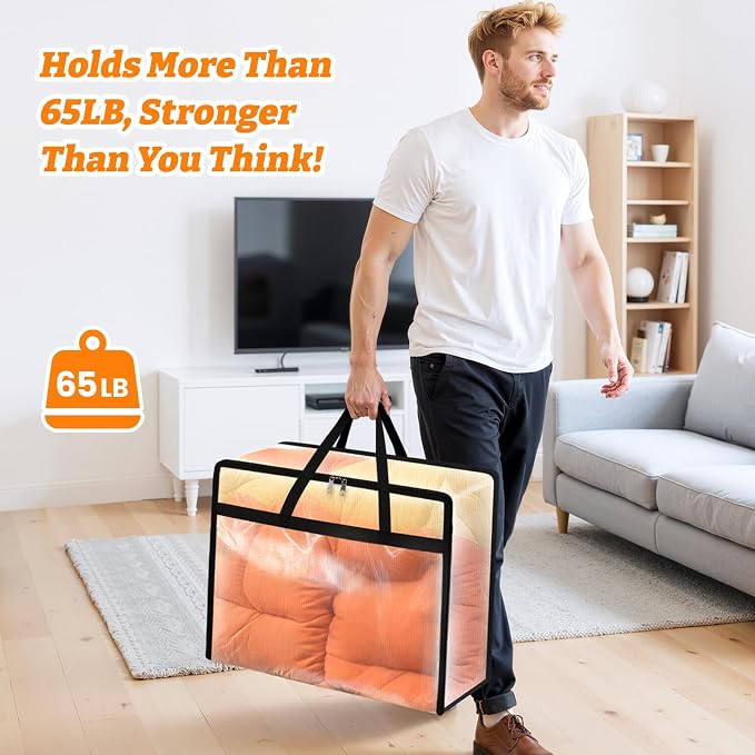 BlissTotes 6 Pack Clear Clothes Storage Bags, Moving Bags, Foldable Blanket Storage Under Bed Storage Containers with Sturdy Zipper and Handle for Clothing, Comforter, Bedding, Sheet (40L)