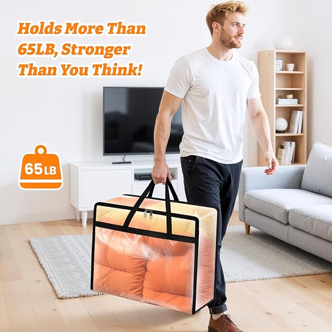 BlissTotes Moving Bags 40L 4PCS, Clear Clothes Storage Under Bed Storage | Foldable Clothes Storage Bags with Sturdy Zippers & Handles for Comforter, Bedding, Books, Sheet, Transparent Containers