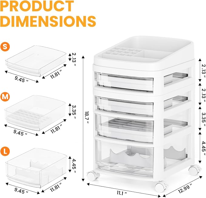 Rolling Cart with 4 Drawers, Clear Plastic Drawer Organizers, Dust Proof Under Desk Storage for Makeup, Skincare, Art Crafts and Baby Items, Acrylic Cosmetic Organizer with Dividers, Vanity Cart