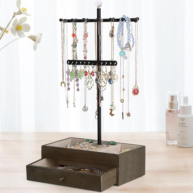 Meangood Jewelry Organizer Stand, 3-Tier Necklace Holder Jewelry Tree with Wooden Storage Drawer Box for Necklace Bracelet Earring Ring, Walnut