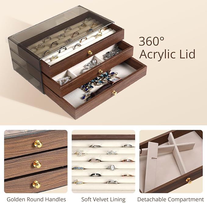 CLUQMEIK 3-layer Wooden Drawer Jewelry Organizers and Storage Box with Grey Acrylic Lid and Velvet Lining, Jewelry Box for Women and Girls to Store Rings Earrings Bracelets Necklaces