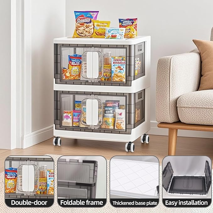 Folding Storage Organizer with Silent casters | Stackable Design for Home & Office, Heavy-Duty Plastic Storage Bin with Clear Door, 3 Sizes (19.5/23.5/27.5in),Black/White (23.6" 3 layer, White)