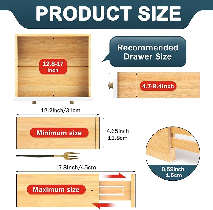 Lzerking Bamboo Drawer Dividers 4.65" High, Adjustable Dresser Drawer Organizers, 12-17.5" Expandable Deep Kitchen Drawer Divider for Dresser, Closet, Kitchen, Bedroom, Bathroom, 6 Pack