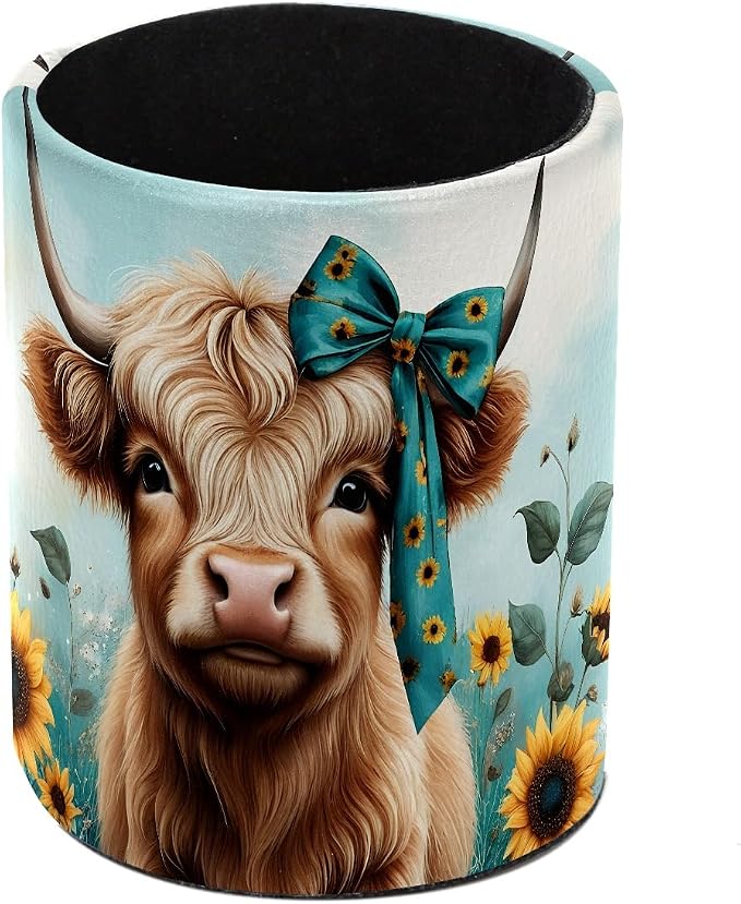 Faux Leather Pen Holder for Desk, Pencil Organizer Highland Cow Sunflower Pen Cup Desk Decor Makeup Brush Holder Storage for Office Home