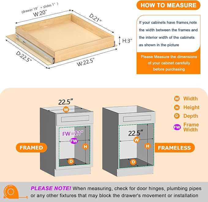 Pull Out Cabinet Organizer, 20" W x 21" D | Soft Close Pull Out Drawers for Cabinets with Heavy Duty Slides, Wood Slide Out Drawers for Kitchen Cabinets
