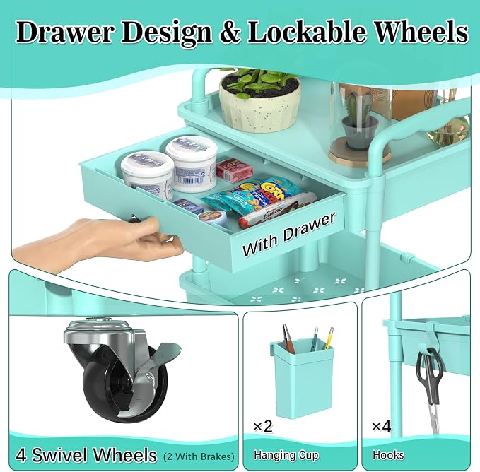 SUNALLY 4 Tier Rolling Utility Cart with Drawer, Storage Organizer Cart with 2 Lockable Wheels, Multifunctional Rolling Storage Cart for Bathroom, Kitchen, Craft, Makeup, Baby Essentials, Blue