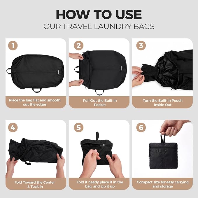 Travel Laundry Bag, Foldable Dirty Clothes Bag with Two Ways to Open, 40L Reusable Waterproof Laundry Bag, Large Capacity Travel Bag for Wet or Dirty Clothes for Travel, Camping & Storage (Black)