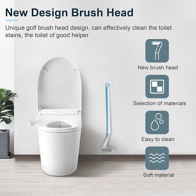 Golf Toilet Brush, Toilet Cleaning Brush, Flexible Bendable Silicone Long Handled Toilet Brush, 360° Deep Toilet Bowl Cleaning Brush,Quick Drying Toilet Brush for Bathroom with a Hook (Blue)