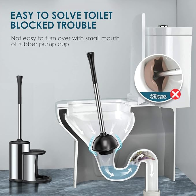 HAMITOR Toilet Plunger Bowl Brush Set: Hideaway Heavy Duty Toilet Plunger Scrubber Cleaner Holder Combo for Bathroom with Covered Caddy Hidden Elongated Discreet Apartment Plunger Brush Accessories