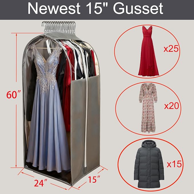 15" Gusseted Long Dress Bags for Gowns,60" Clear Garment Bags for Hanging Clothes, Completely Sealed Storage Covers and Dust-proof Protector with Full Heavy-duty Side Zipper for Travel, 4-Pack