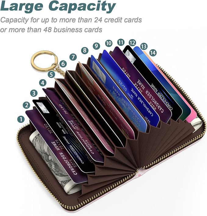 Nipichsha Credit Card Holder, Small RFID Card Wallet for Women, Slim Leather Card Holder Wallet, Credit Card Wallet Organizer, Pocket Business Card Case with Zipper & Keychain, Gold Pink Marble