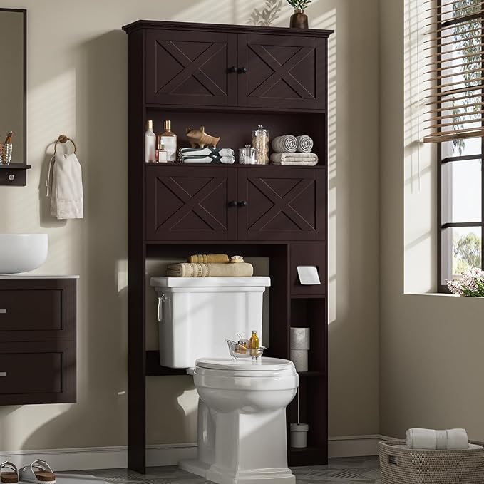 Halitaa Over The Toilet Storage Cabinet with Doors & Paper Holder, Espresso | Halitaa Farmhouse Toilet Shelf Home Space Saver with 4 Barn Doors & Toilet Paper Holder Stand for Restroom, Bathroom, Laundry