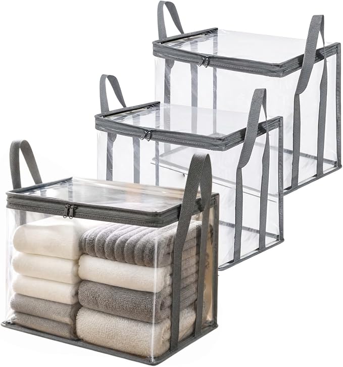 Large Clear Thick Plastic Storage Box with Hinged Lid, Heavy-Duty Durable High Capacity Organizer, Foldable Storage Box,Perfect for Home, Camping, Travel, Attic & Moving (Gray-L-3)