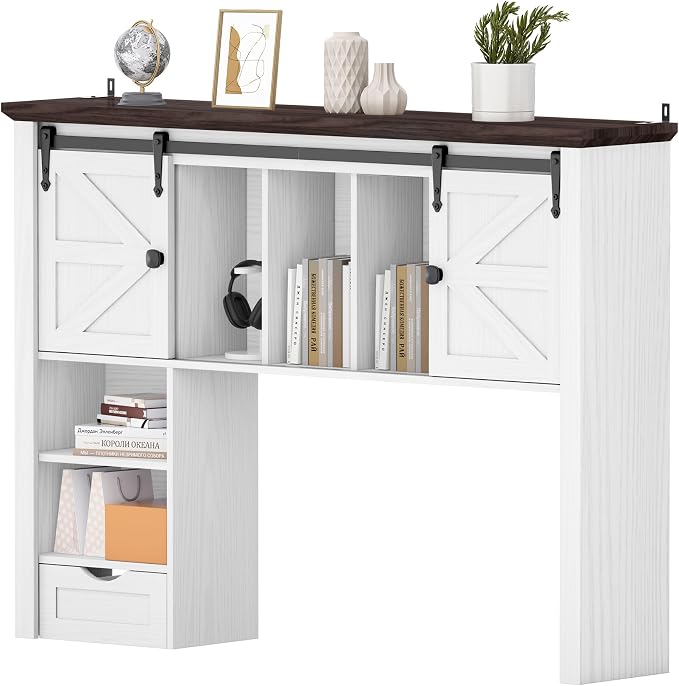 Large Desktop Bookshelf with Sliding Barn Door, 47.2''W Desk Shelf Display Rack, Desktop Organizer Storage Rack with 7 Cubbies and Drawer, Home, Desk Shelf for Office, Dorm, Vanity, White