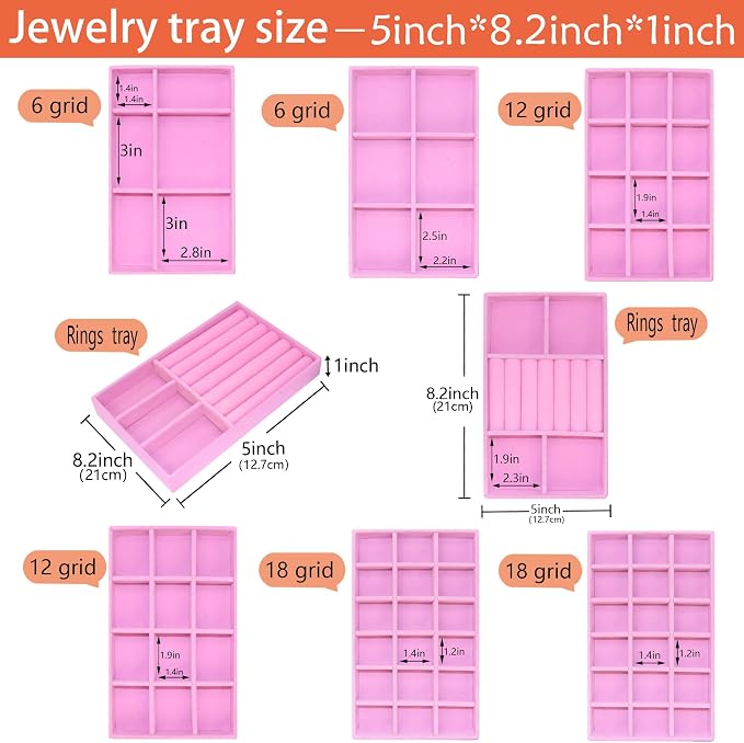 Jewelry Trays for Drawer Orgainzer Set of 8 Stackable Velvet Jewelry Organize Display Storage Box Earring Showcase Dresser Drawer Organizer for Earring Necklace Bracelet Ring