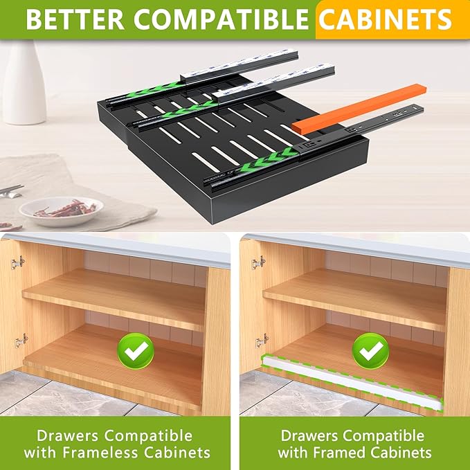 Mlinavn 2 Pack Pull Out Cabinet Organizer,21" Deep Slide Out Drawer Organizers,No Drill Pull Out Drawers Adhesive with Nano Compatible Framed Cabinets Shelves for Kitchen Pantry Adjustable Width