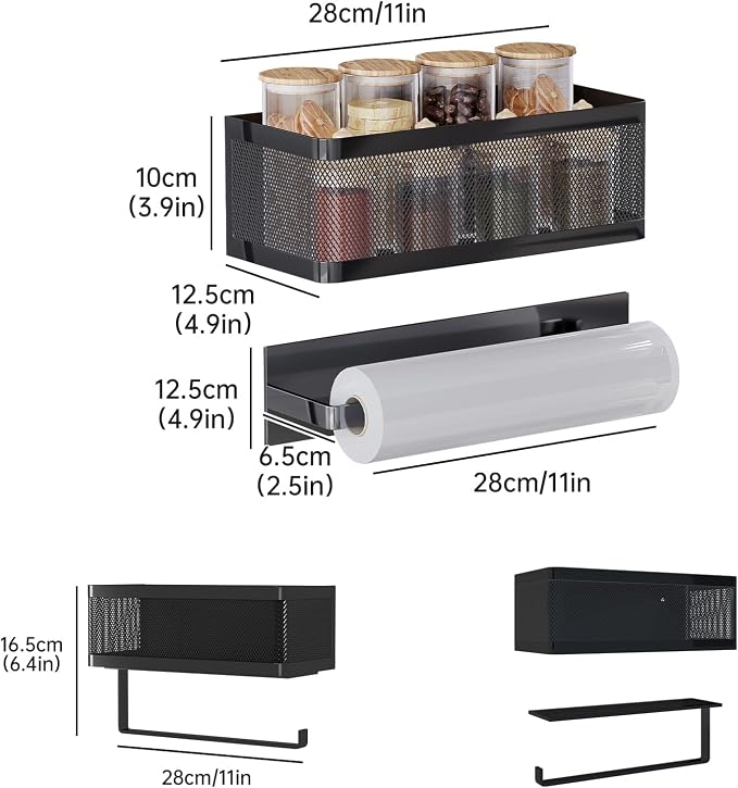 Magnetic Spice Rack for Refrigerator with Magnet Paper Towel Holder, Heavy-Duty Magnetic Shelf for Fridge, 2-in-1 Organization Shelf Sets for Kitchen, Washing Machine & Fridge Side, Black