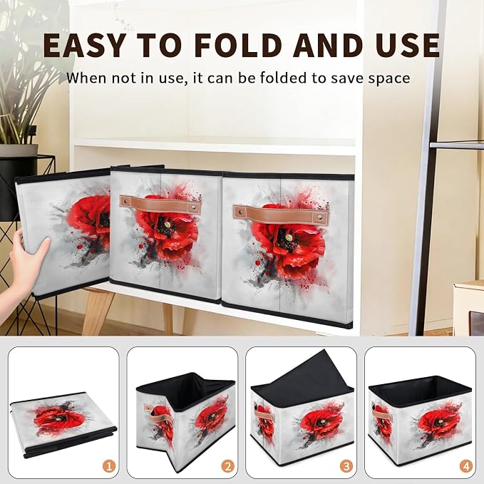 Red Flower Closet Storage Bin, Foldable Storage Baskets for Shelves, Decorative Shelf Organizer Poppy Floral Black Grey Vintage Fabric Cube Bin for Living Room Bedroom Home Dorm